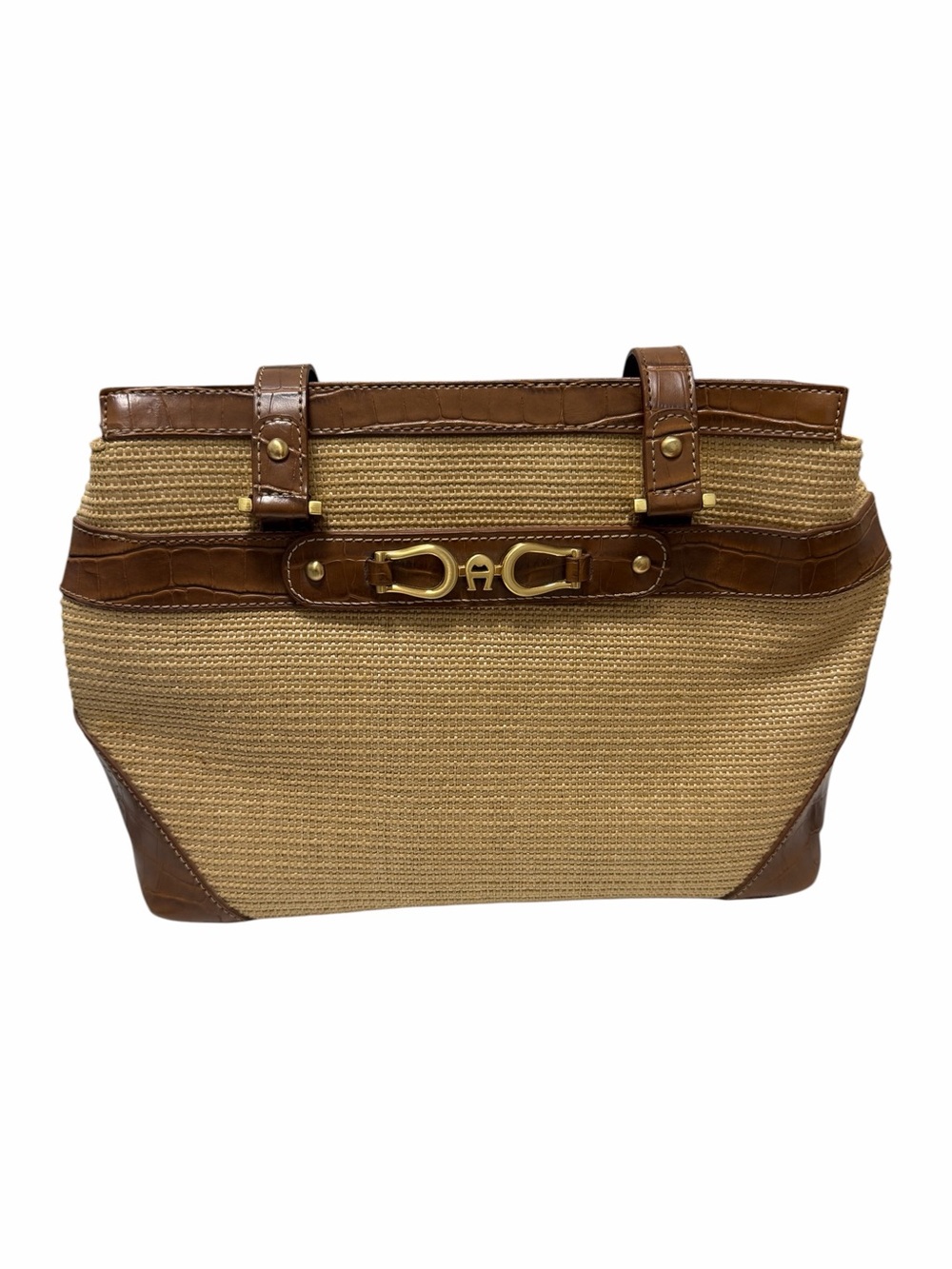 Etienne Aigner Woven Tan/Brown Straw Leather Shoulder Handbag